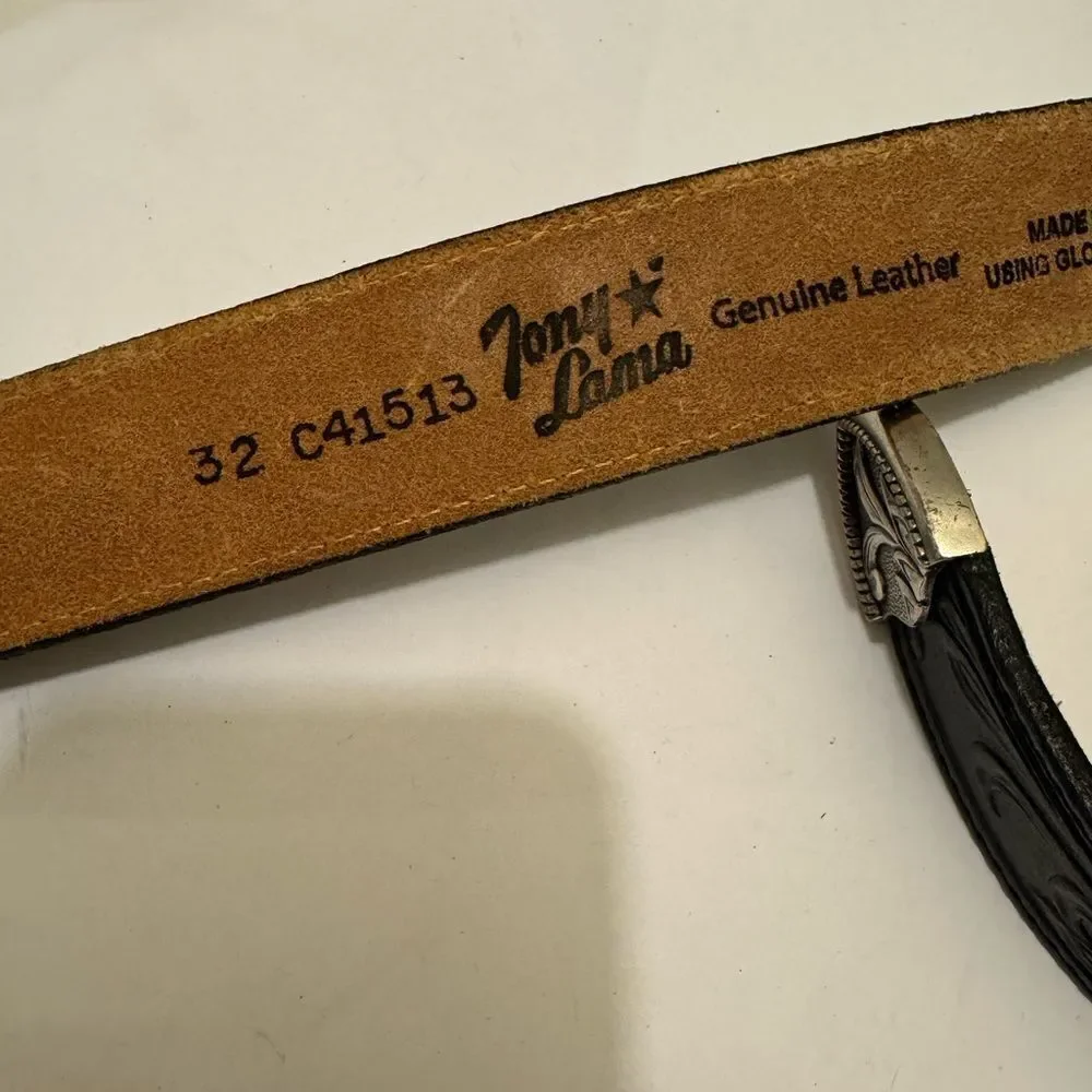 Tony Lama Black Leather Belt with Silver Buckle